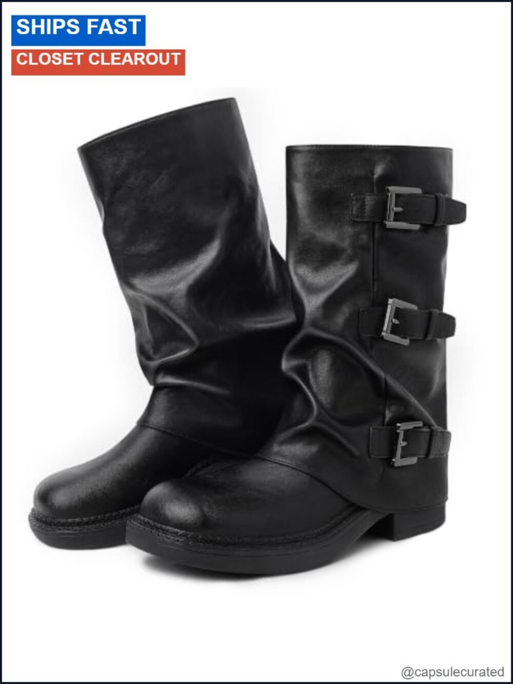 Women's Ruched Mid Calf Boots Chunky Heel Black